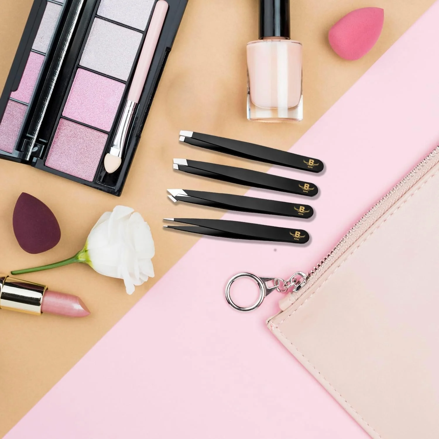 موچین ابرو Burax، استیل ضد زنگ، موچین های دقیق حرفه ای برای موهای صورت، زنانه و مردانه (ست 4 عددی مشکی)