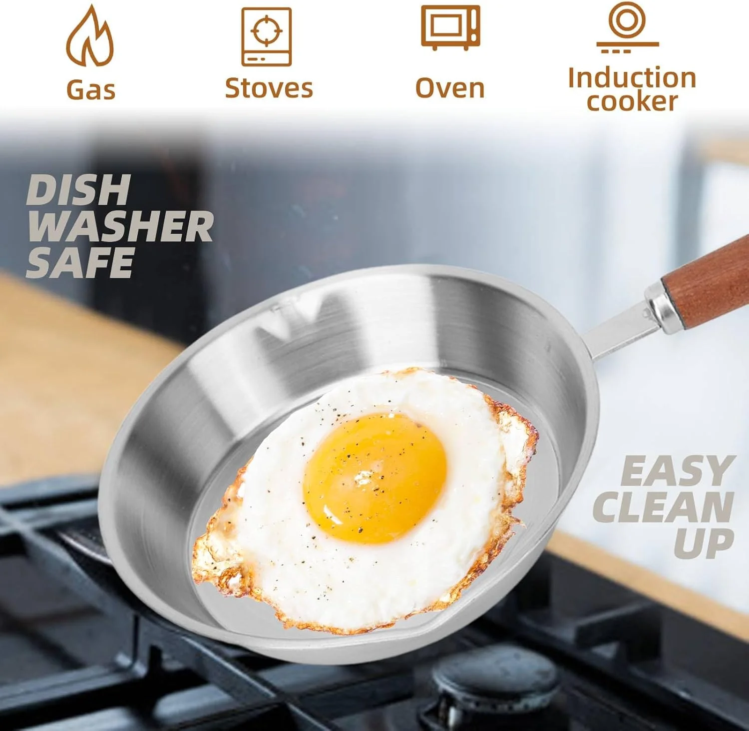 تابه تخم مرغ زودو، تابه کوچک نچسب برای تخم مرغ و املت، تابه سرخ کردنی کوچک استیل ضد زنگ، تابه چند منظوره با دسته چوبی، ظروف پخت و پز طراحی شده برای تخم مرغ پنکیک، قابل شستشو در ماشین ظرفشویی (12 سانتی متر)