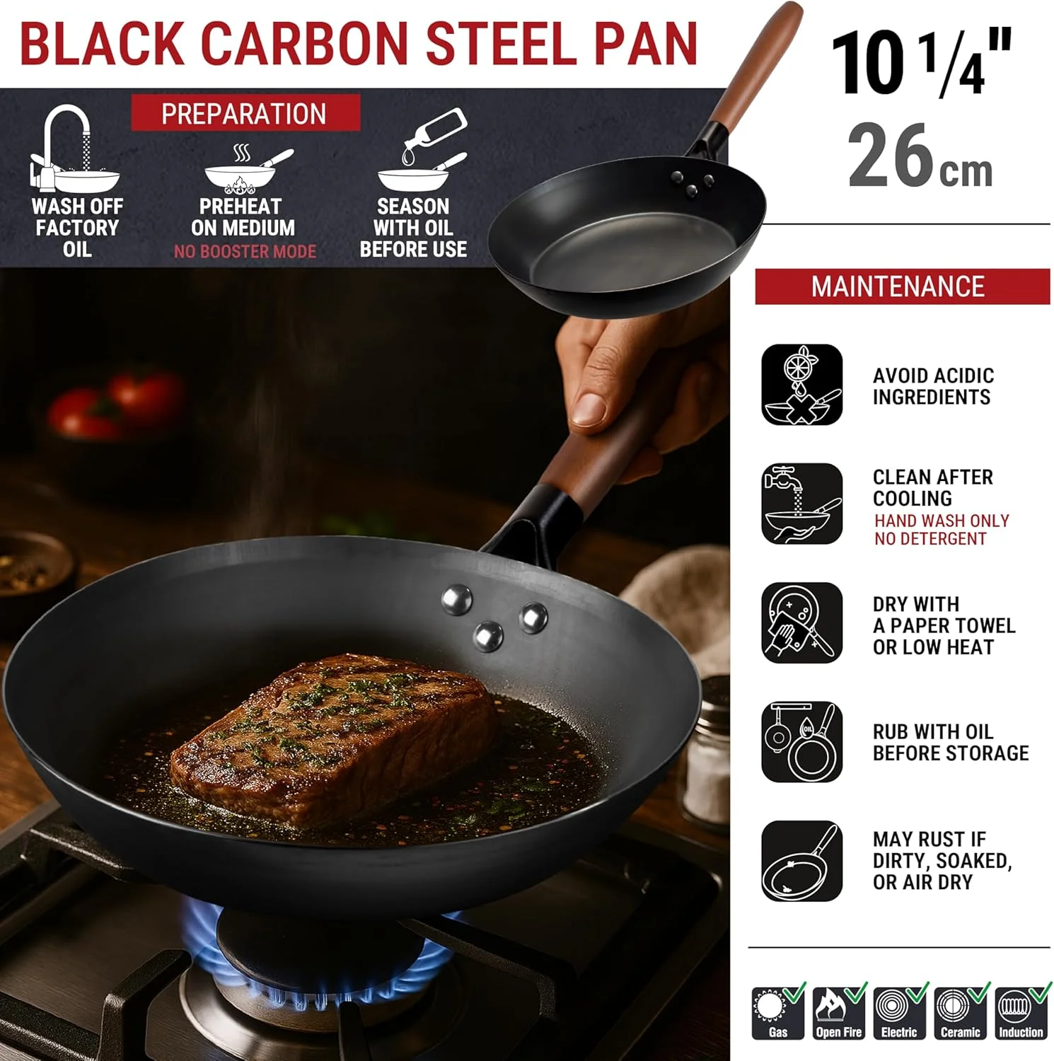 تابه یوسوکاتا از جنس فولاد کربنی ۲۶ سانتیمتری - تابه از قبل روغنکاری شده غیر سمی با دسته چوبی جداشدنی - تابه سبک ووک بدون پوشش برای گاز، القایی، برقی، فر و باربیکیو تابه یوسوکاتا از جنس فولاد کربنی ۲۶ سانتیمتری - تابه از قبل روغنکاری شده غیر سمی با دسته چوبی جداشدنی - تابه سبک ووک بدون پوشش برای گاز، القایی، برقی، فر و باربیکیو