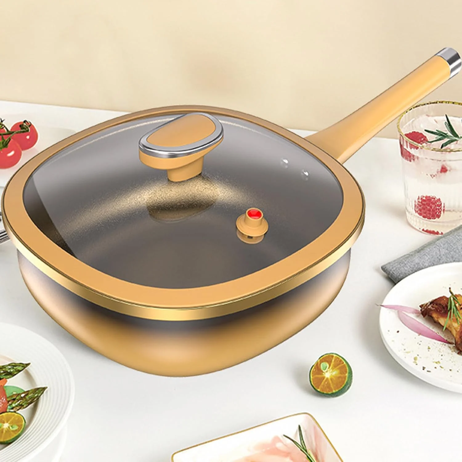 تابه سرخ کردنی، تابه نچسب آلیاژ تیتانیوم - تابه عمیق با درب و وسایل آشپزی برای اجاق گاز، برقی، القایی، تخم مرغ، املت، گریل، پخت