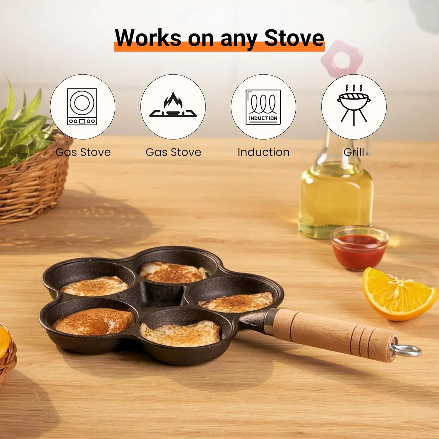 تابه تخم مرغ چدنی HomeEssentials - تابه 6 حفره ای نچسب با دسته چوبی | املت، مینی اوتاپام، آپام پاترا، لیتی ساز | تابه نچسب برای تخم مرغ، دامپلینگ | سرخ کردن تخم مرغ | 42 سانتی متر