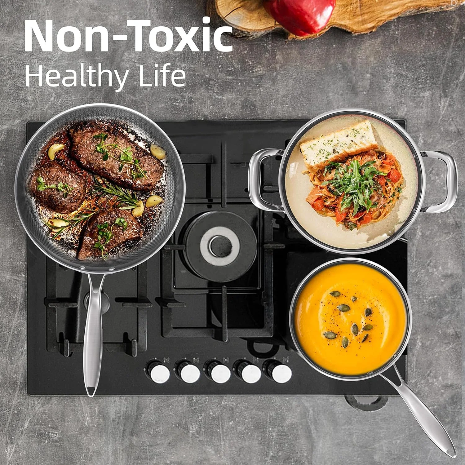 ست 3 تایی تابه نچسب COOKER KING (سایز 20، 25 و 30 سانتی متر)، تابه های استیل سه لایه، ست تابه القایی، تابه سرآشپز، تابه های قابل شستشو در ماشین ظرفشویی و فر، دسته های خنک شونده، سازگار با تمام اجاق گازها