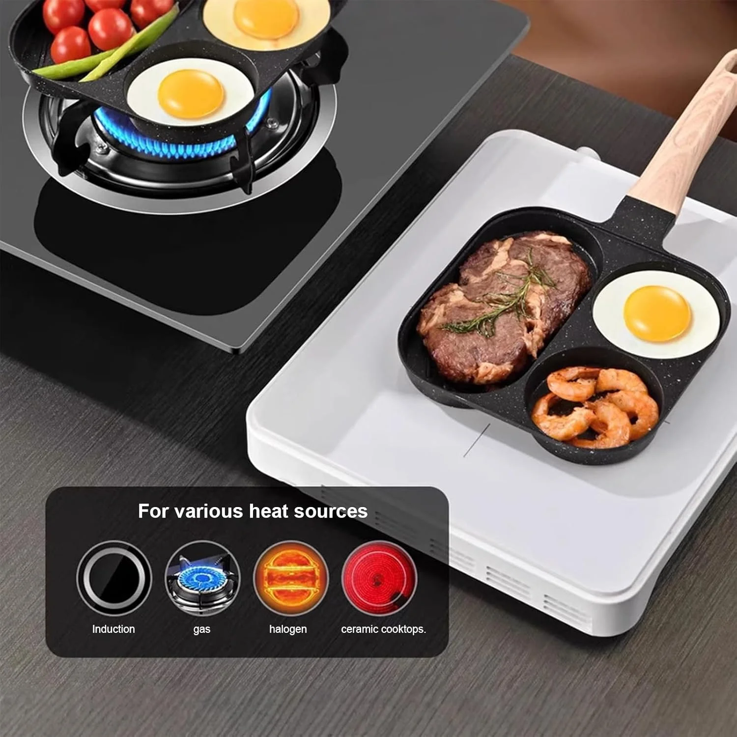 تابه گریل صبحانه | تابه تخم مرغ سرخ کردنی نچسب | تابه 3 قسمتی برای اجاق گاز القایی برقی، آشپزخانه منزل، کباب پز، رستوران، همبرگر، استیک، ساندویچ، بیکن، برانچ