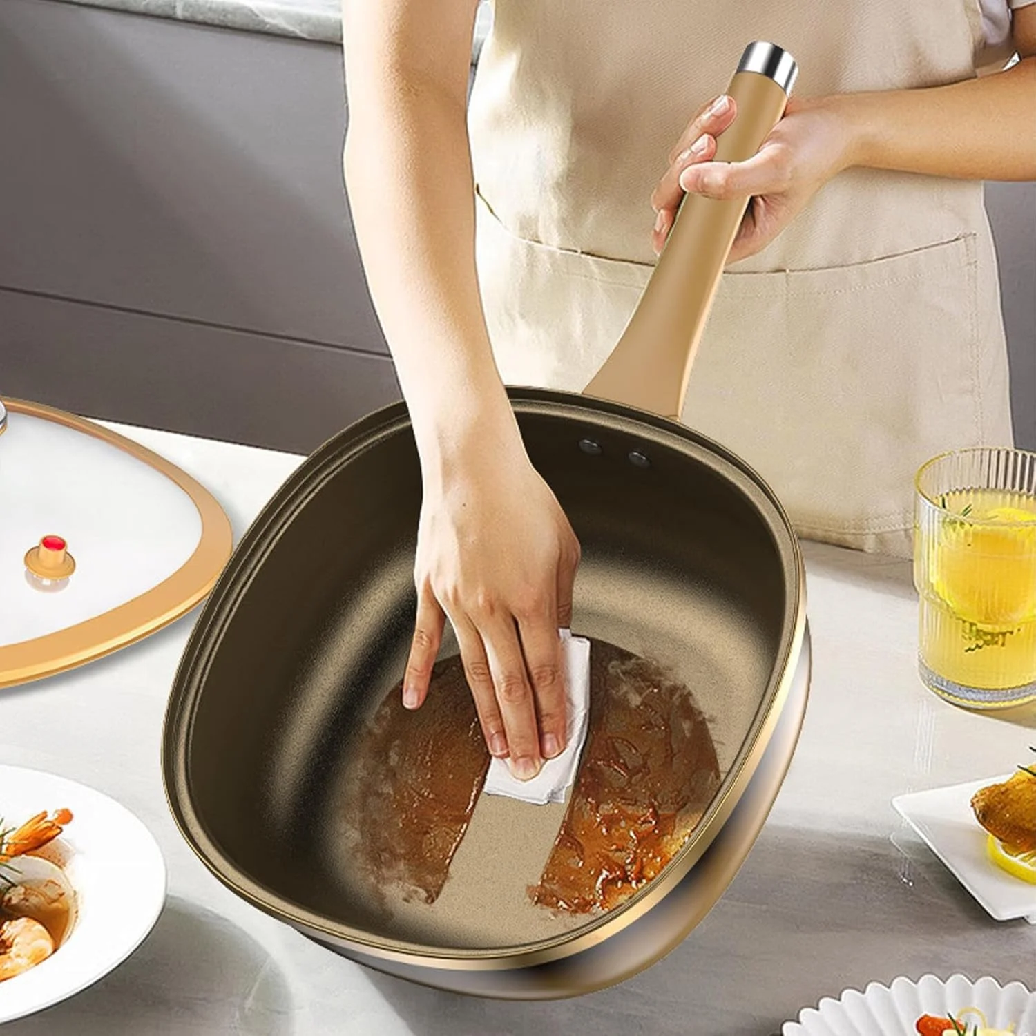 تابه نچسب - تابه پخت و پز نچسب آلیاژ تیتانیوم | ظروف پخت و پز عمیق با درب برای آشپزخانه منزل، آپارتمان، کمپینگ، اجاق القایی، اجاق برقی، گریل، تخم مرغ