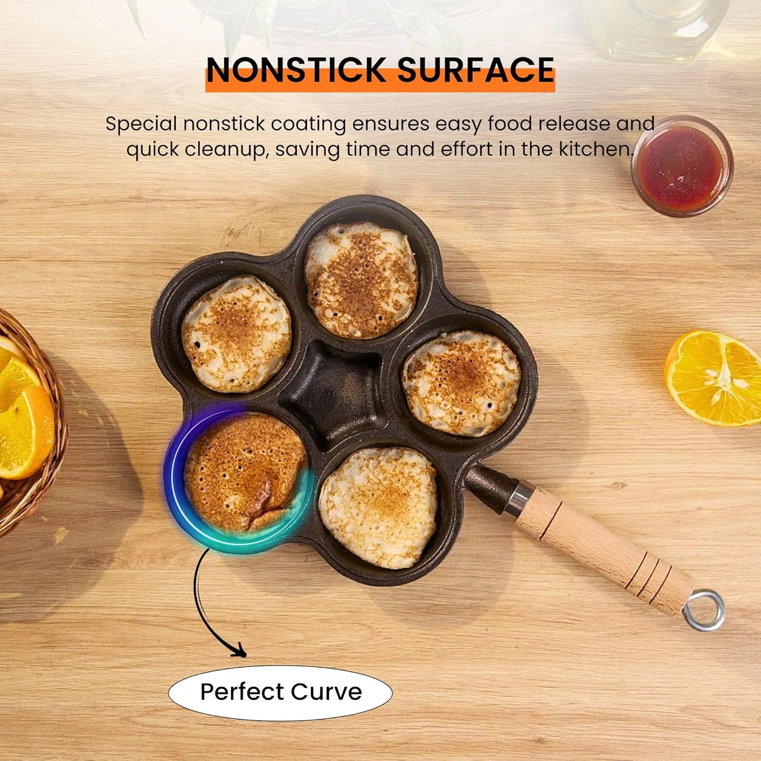 تابه تخم مرغ چدنی HomeEssentials - تابه 6 حفره ای نچسب با دسته چوبی | املت، مینی اوتاپام، آپام پاترا، لیتی ساز | تابه نچسب برای تخم مرغ، دامپلینگ | سرخ کردن تخم مرغ | 42 سانتی متر