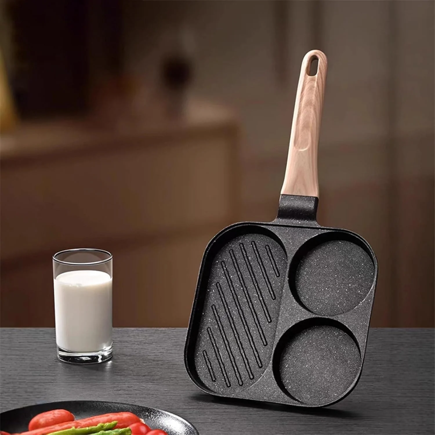 تابه گریل صبحانه | تابه تخم مرغ سرخ کردنی نچسب | تابه 3 قسمتی برای اجاق گاز القایی برقی، آشپزخانه منزل، کباب پز، رستوران، همبرگر، استیک، ساندویچ، بیکن، برانچ