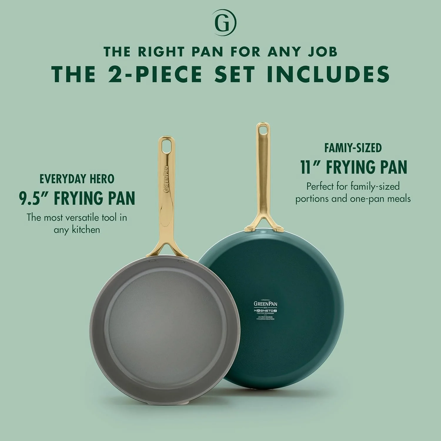 ست تابه نچسب سرامیکی گرین پن، سایز 9.5 و 11 اینچ، بدون PFAS، ظروف پخت و پز آنودایز سخت، سازگار با اجاق گازهای القایی و انواع اجاق گازها، قابل شستشو در ماشین ظرفشویی و استفاده در فر، سطح صاف GP5، سبز جنگلی
