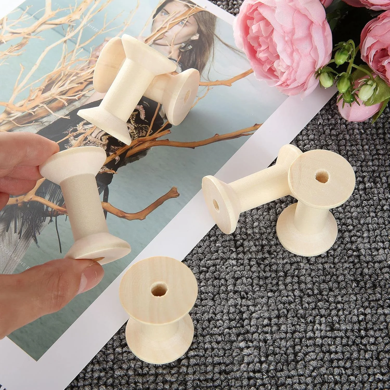 CYEAH 40PCS Wooden Spools for Crafts, 1.2 x 2 Inch Unfinished Wood Spools, Splinter - Free Empty Thread Spools for Crafts, Embroidery and Sewing Machines