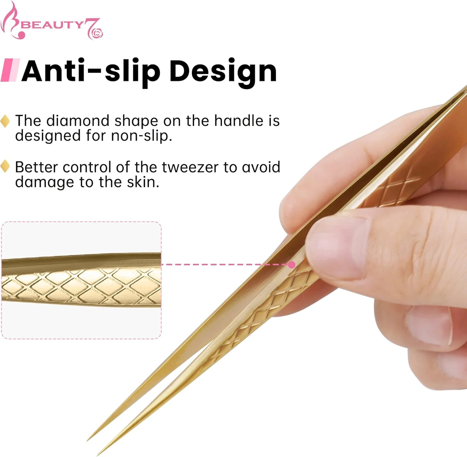 موچین حرفه ای Beauty7 استیل ضد زنگ برای اکستنشن مژه، موچین مژه نوک صاف، موچین دقیق به همراه کیف، رنگ طلایی، چند منظوره