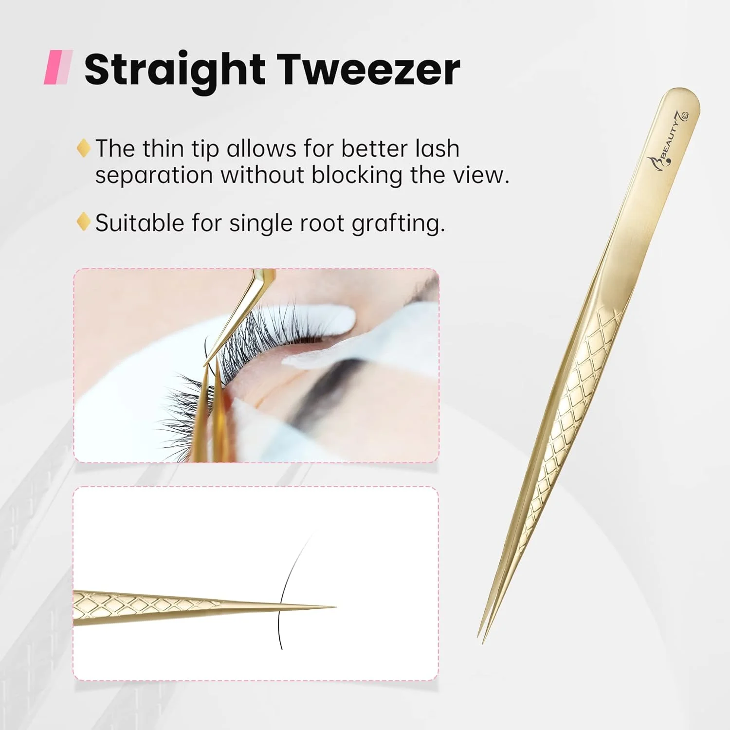 موچین حرفه ای Beauty7 استیل ضد زنگ برای اکستنشن مژه، موچین مژه نوک صاف، موچین دقیق به همراه کیف، رنگ طلایی، چند منظوره