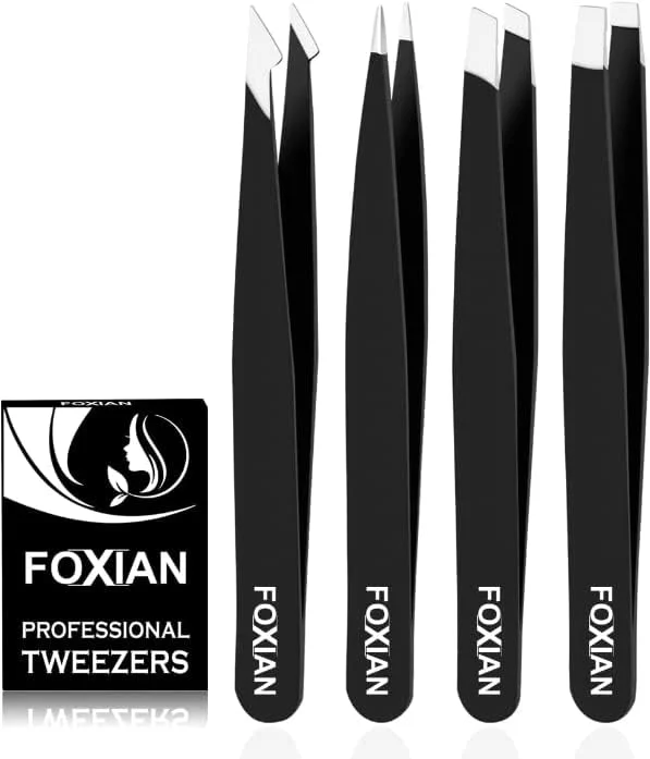 ست 4 عددی موچین ابرو Foxian حرفه ای با نوک استیل ضد زنگ برای اصلاح دقیق و بی نقص ابروها - موچین های مشکی رنگ اریب و نوک تیز برای موهای صورت زنان و مردان ست 4 عددی موچین ابرو Foxian حرفه ای با نوک استیل ضد زنگ برای اصلاح دقیق و بی نقص ابروها - موچین های مشکی رنگ اریب و نوک تیز برای موهای صورت زنان و مردان