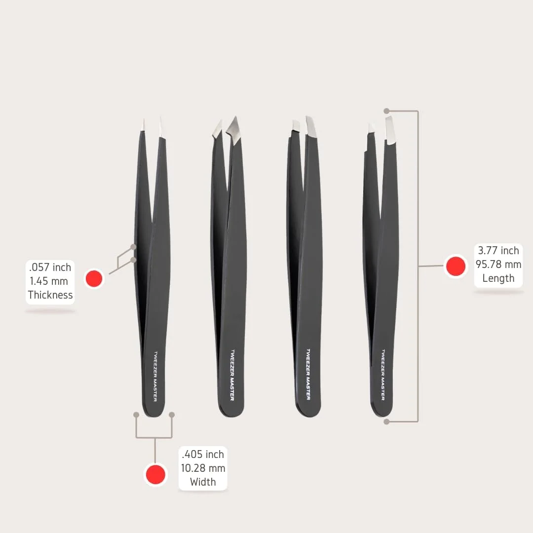 ست موچین حرفه ای Tweezer Master [مشکی] - نوک های اریب و تیز از جنس استیل ضد زنگ برای برداشتن موهای ابرو و صورت - ابزار آرایشی مقاوم در برابر زنگ زدگی به همراه کیف مسافرتی