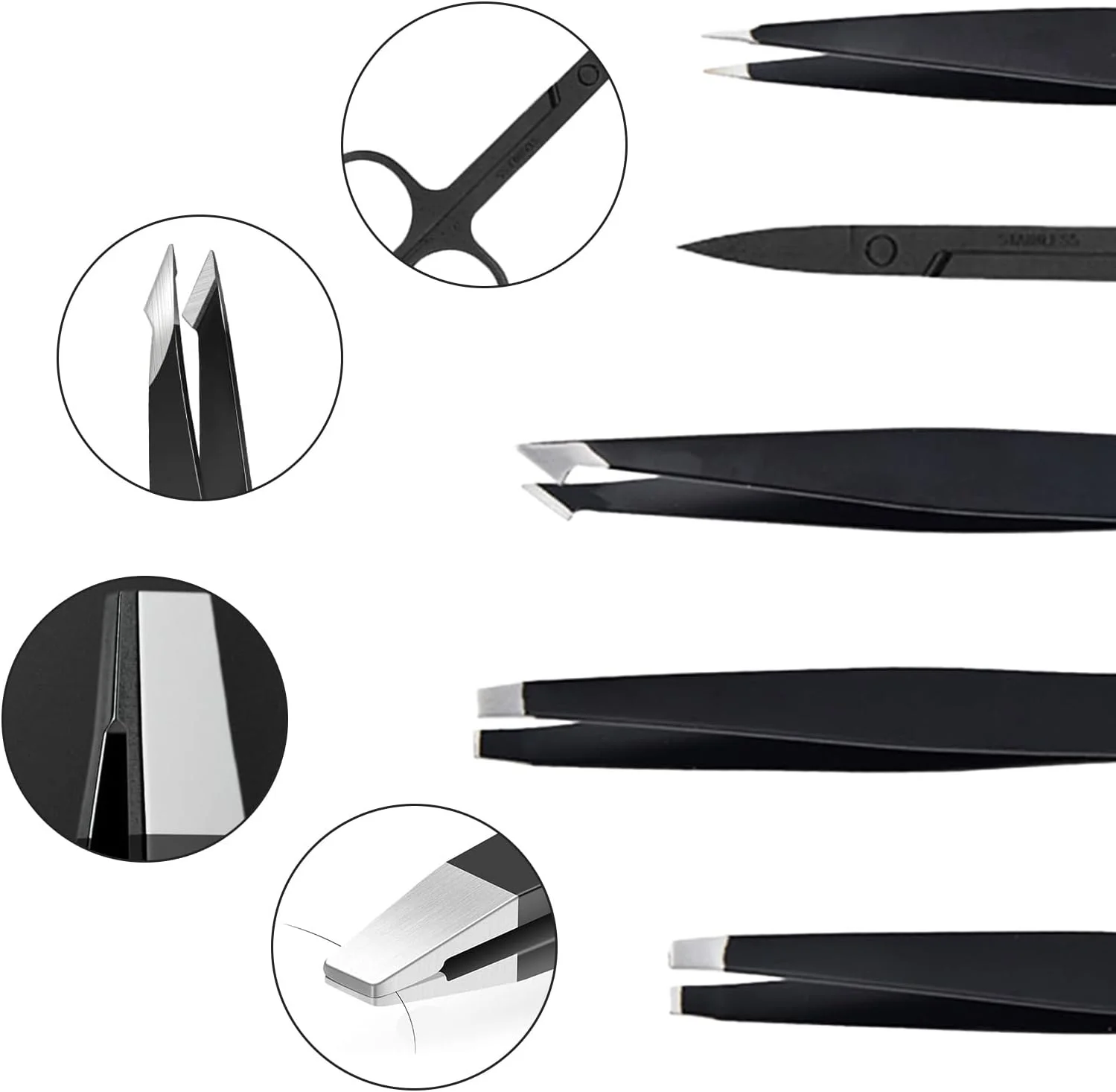ست موچین 5 عددی استیل ضد زنگ، شامل موچین های تخت، موچین های نوک زاویه دار، مناسب برای برداشتن ابرو، مژه، ریش و برچسب پلک ست موچین 5 عددی استیل ضد زنگ، شامل موچین های تخت، موچین های نوک زاویه دار، مناسب برای برداشتن ابرو، مژه، ریش و برچسب پلک