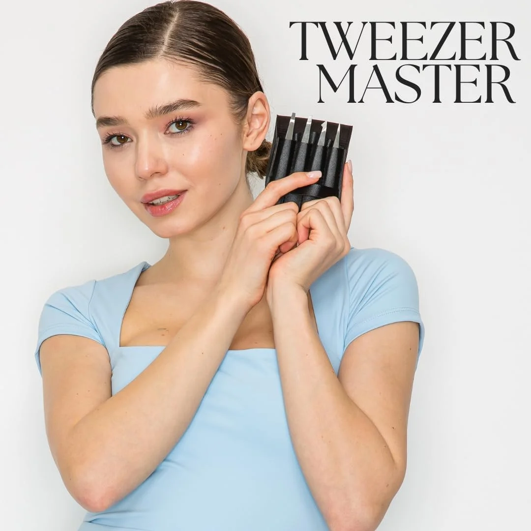 ست موچین حرفه ای Tweezer Master [مشکی] - نوک های اریب و تیز از جنس استیل ضد زنگ برای برداشتن موهای ابرو و صورت - ابزار آرایشی مقاوم در برابر زنگ زدگی به همراه کیف مسافرتی
