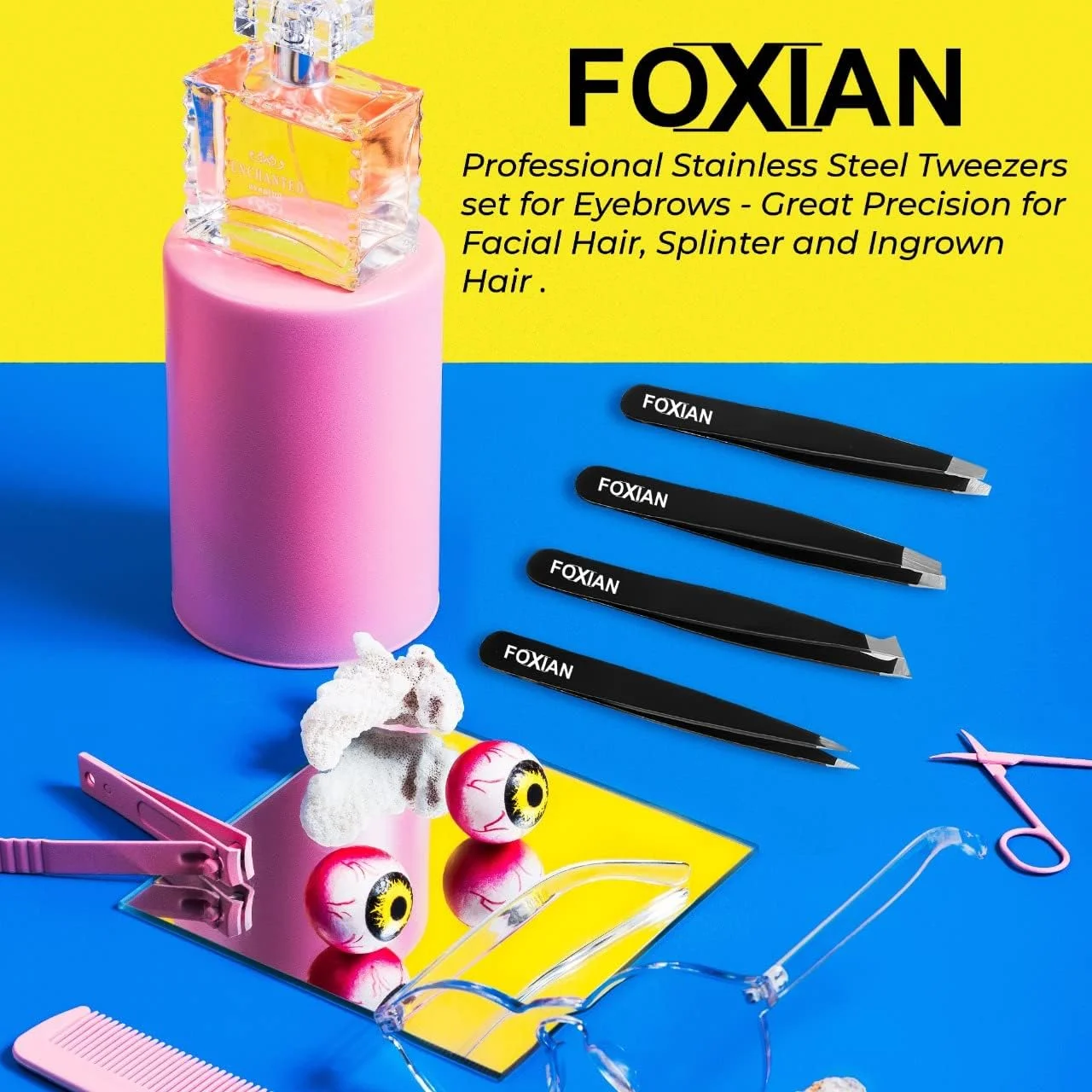 ست 4 عددی موچین ابرو Foxian حرفه ای با نوک استیل ضد زنگ برای اصلاح دقیق و بی نقص ابروها - موچین های مشکی رنگ اریب و نوک تیز برای موهای صورت زنان و مردان ست 4 عددی موچین ابرو Foxian حرفه ای با نوک استیل ضد زنگ برای اصلاح دقیق و بی نقص ابروها - موچین های مشکی رنگ اریب و نوک تیز برای موهای صورت زنان و مردان