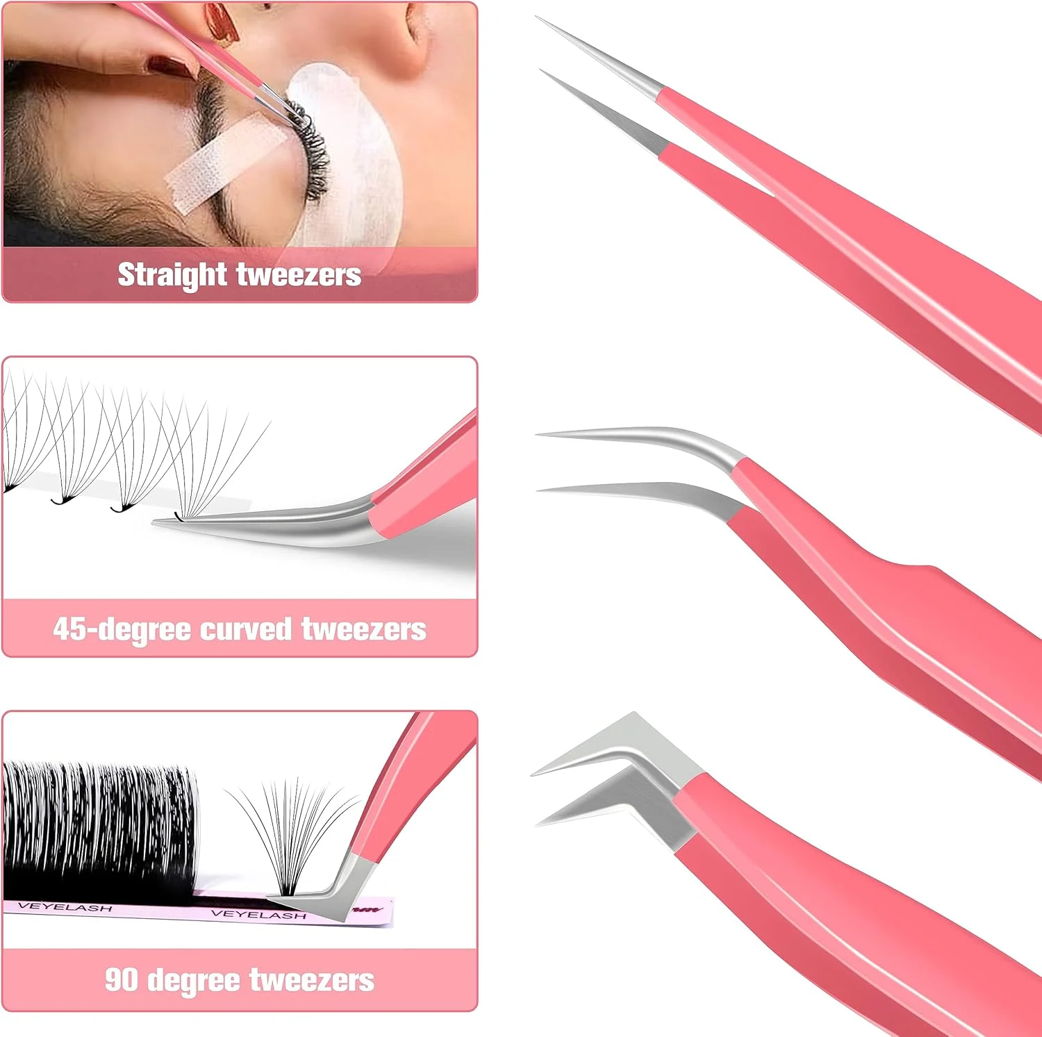 ست موچین مژه VEYES INC برای اکستنشن مژه. این کیت شامل موچین های نوک فیبری، جداکننده، خمیده و موچین های والیوم مژه (3 عدد) صورتی است. ست موچین مژه VEYES INC برای اکستنشن مژه. این کیت شامل موچین های نوک فیبری، جداکننده، خمیده و موچین های والیوم مژه (3 عدد) صورتی است.