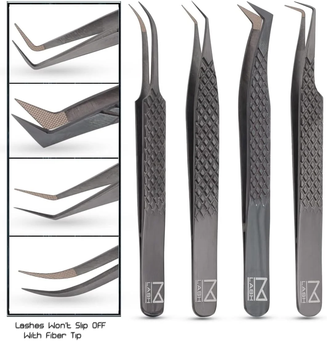 ست 4 عددی موچین اکستنشن مژه M LASH - موچین های حرفه ای اکستنشن مژه - نوک فیبری، فولاد ژاپنی، دسته الماسه (مشکی) ست 4 عددی موچین اکستنشن مژه M LASH - موچین های حرفه ای اکستنشن مژه - نوک فیبری، فولاد ژاپنی، دسته الماسه (مشکی)