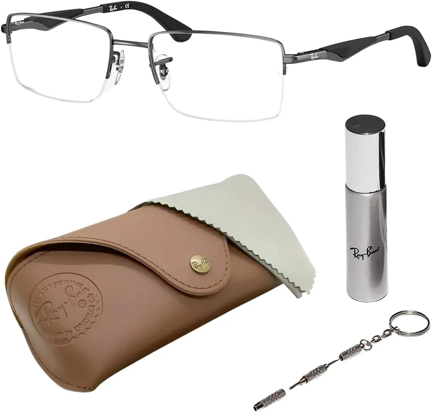 عینک طبی فلزی مستطیلی ری بن مدل RB6285 به همراه کیت مراقبت عینک - عینک با پدهای بینی قابل تنظیم - فریم عینک زنانه طراح دار با لنزهای شفاف، فریم خاکستری تیره | لنز شفاف
