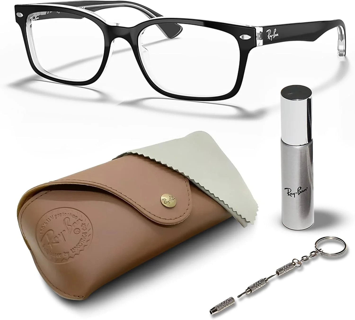 عینک طبی مربعی شکل ری بن RB5362 به همراه کیت لوازم جانبی - عینک با فیت پل بینی کوتاه - فریم عینک زنانه طراحی شده با لنزهای شفاف، مشکی روی فریم شفاف | لنز شفاف عینک طبی مربعی شکل ری بن RB5362 به همراه کیت لوازم جانبی - عینک با فیت پل بینی کوتاه - فریم عینک زنانه طراحی شده با لنزهای شفاف، مشکی روی فریم شفاف | لنز شفاف