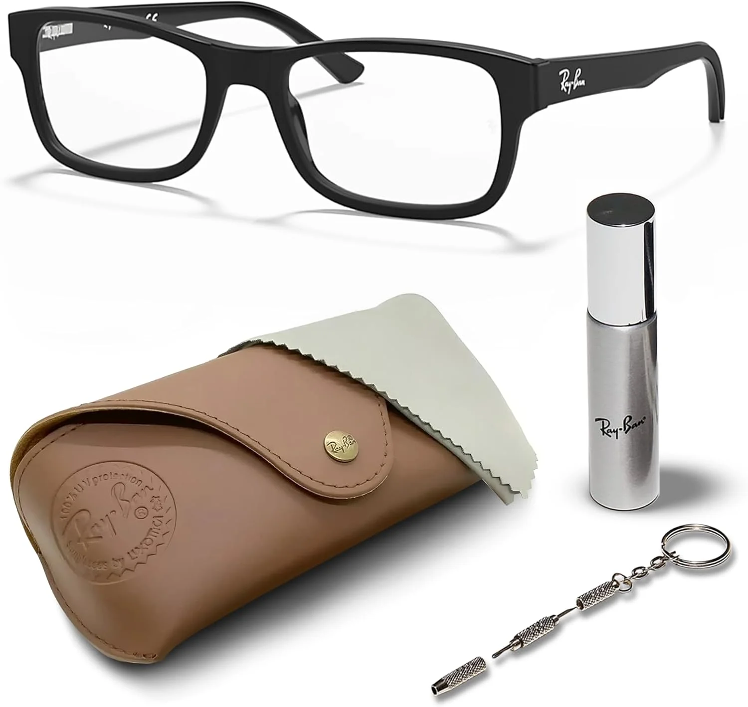 عینک طبی مربعی شکل ری بن مدل RB5268 به همراه کیت مراقبت عینک - عینک با فیت پل بینی بلند - فریم عینک زنانه دیزاینر با لنزهای شفاف، فریم مشکی | لنز شفاف