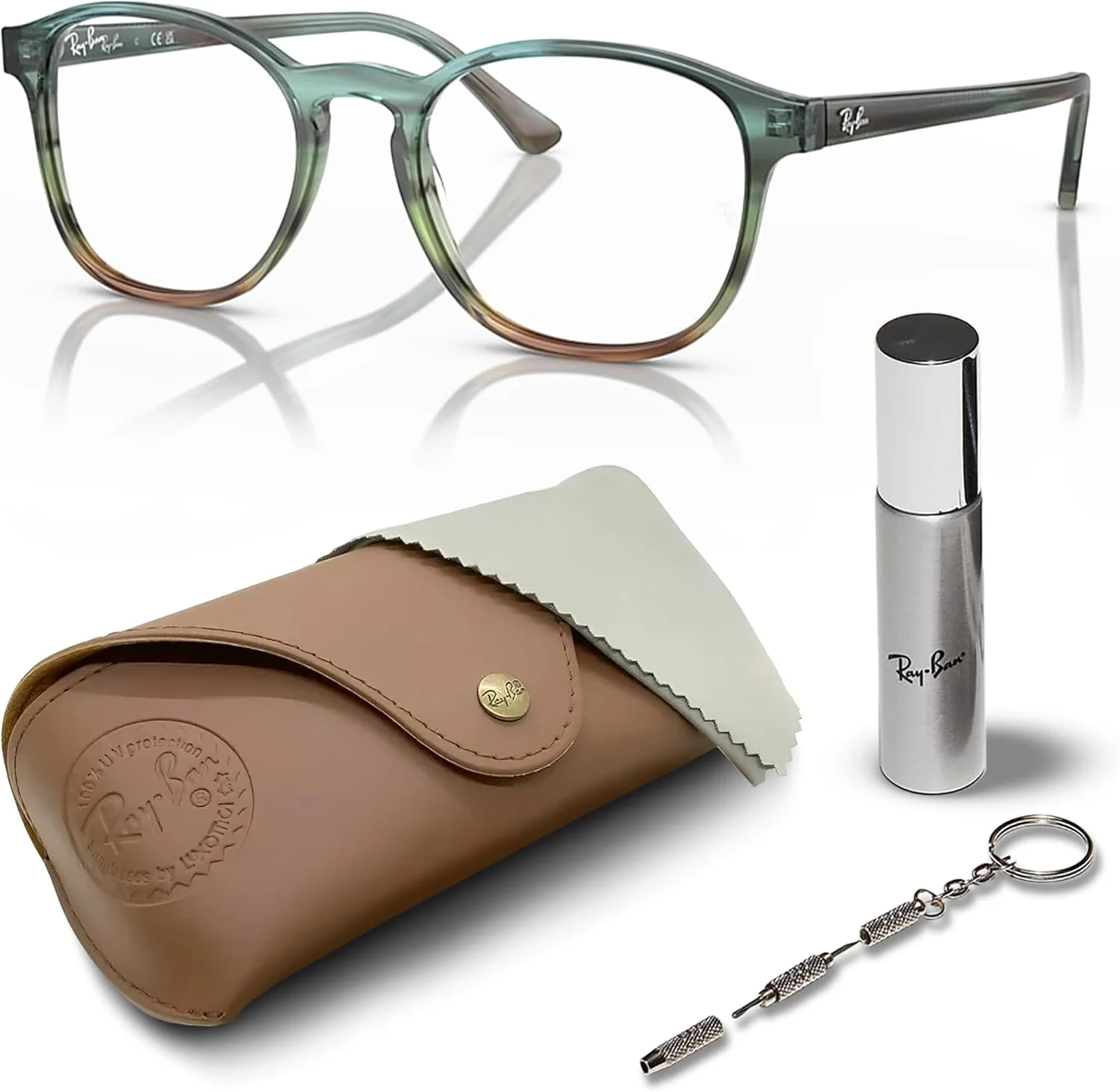 عینک طبی زنانه ری بن مدل RB5417 با فریم فانتوس به همراه کیت مراقبت عینک - عینک طبی با فیت پل بینی بلند - فریم عینک زنانه دیزاینر با لنزهای شفاف، فریم راه راه آبی و سبز | لنز شفاف