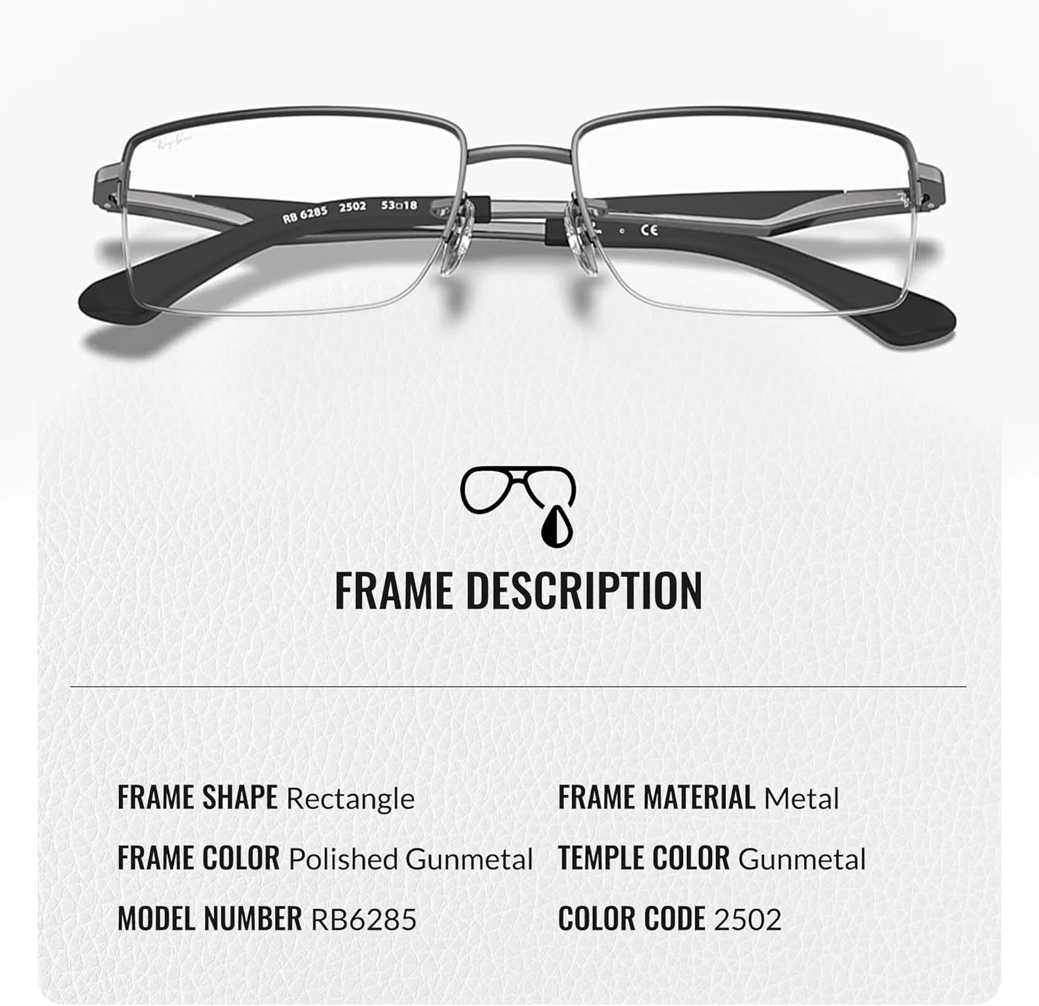 عینک طبی فلزی مستطیلی ری بن مدل RB6285 به همراه کیت مراقبت عینک - عینک با پدهای بینی قابل تنظیم - فریم عینک زنانه طراح دار با لنزهای شفاف، فریم خاکستری تیره | لنز شفاف