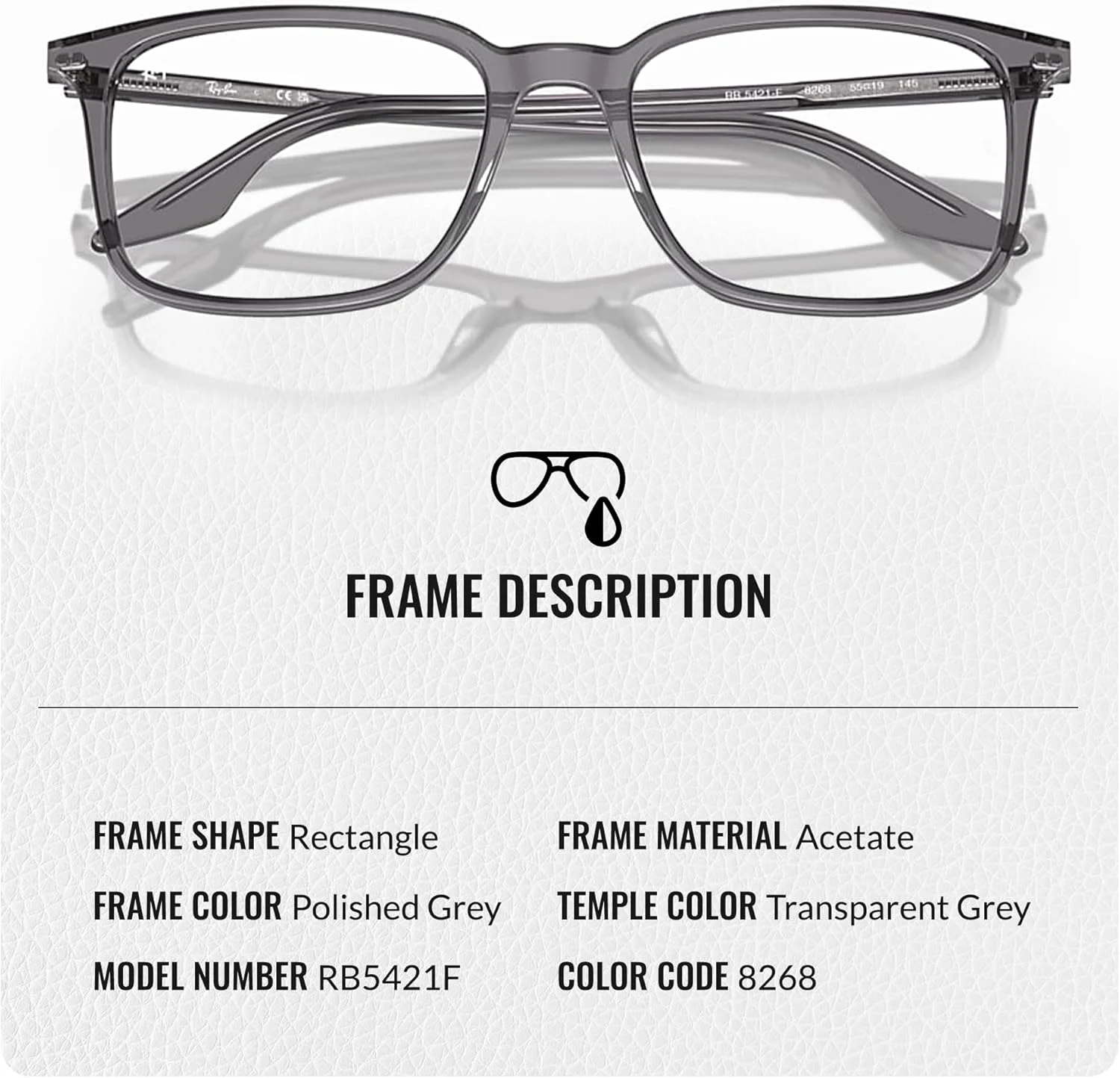 عینک طبی مستطیلی ری بن مدل RB5421F به همراه کیت مراقبت عینک - عینک با فیت پل بینی بلند - فریم عینک زنانه طراح دار با لنزهای شفاف، فریم خاکستری شفاف | لنز شفاف