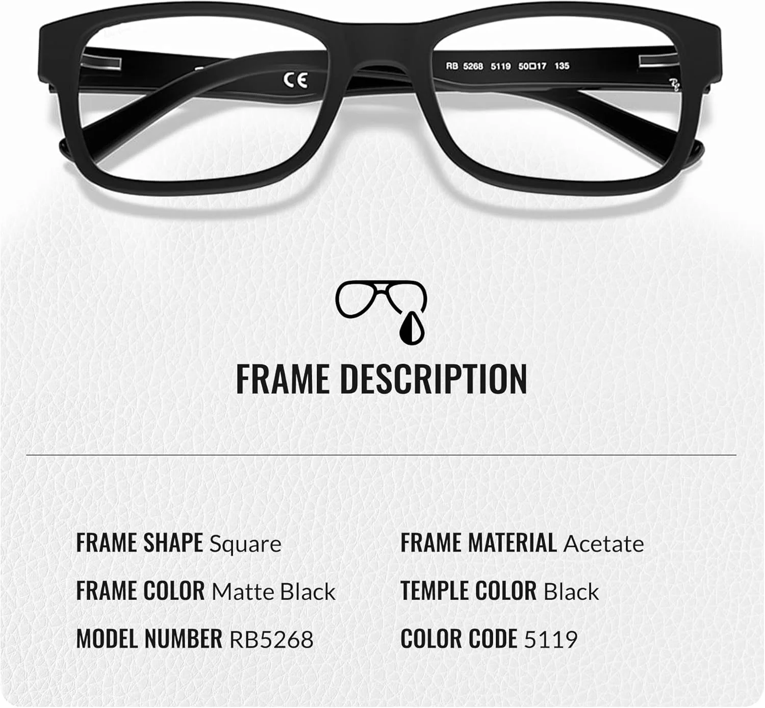 عینک طبی مربعی شکل ری بن مدل RB5268 به همراه کیت مراقبت عینک - عینک با فیت پل بینی بلند - فریم عینک زنانه دیزاینر با لنزهای شفاف، فریم مشکی | لنز شفاف