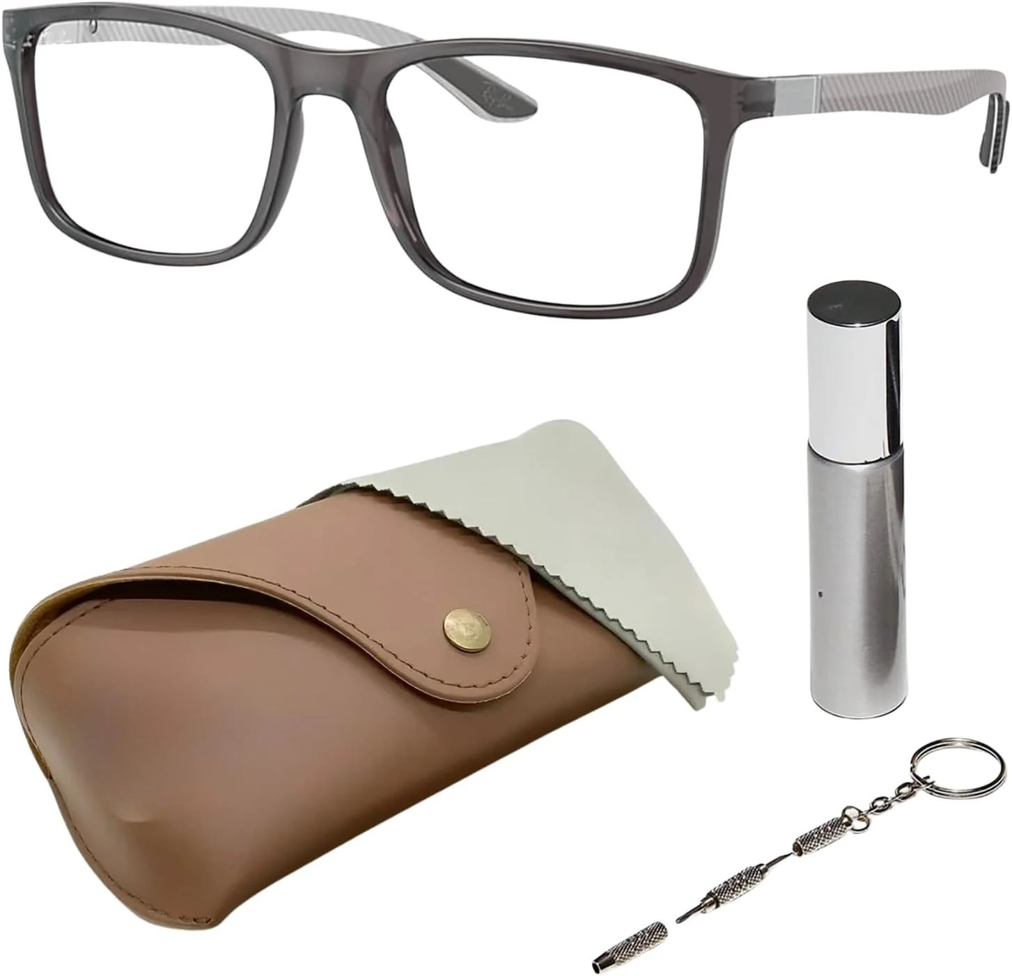 عینک طبی مربعی شکل ری بن مدل RB8908 به همراه کیت مراقبت عینک - عینک طبی با فیت پل بینی بلند - فریم عینک زنانه طراحی شده با لنزهای شفاف، فریم خاکستری شفاف | لنز شفاف