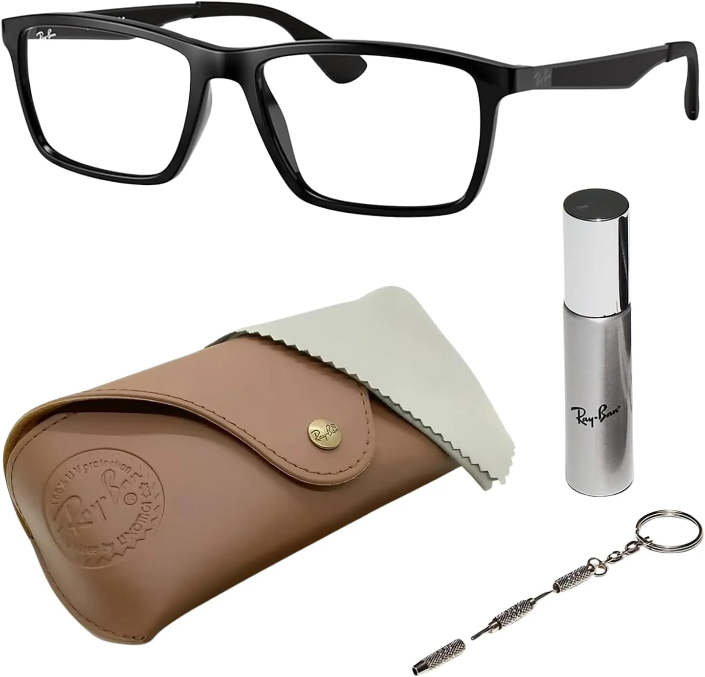 عینک طبی مربعی شکل ری بن مدل RB7056 به همراه کیت مراقبت عینک - عینک با فیت پل بینی بلند - فریم عینک زنانه طراح دار با لنزهای شفاف، فریم مشکی | لنز شفاف