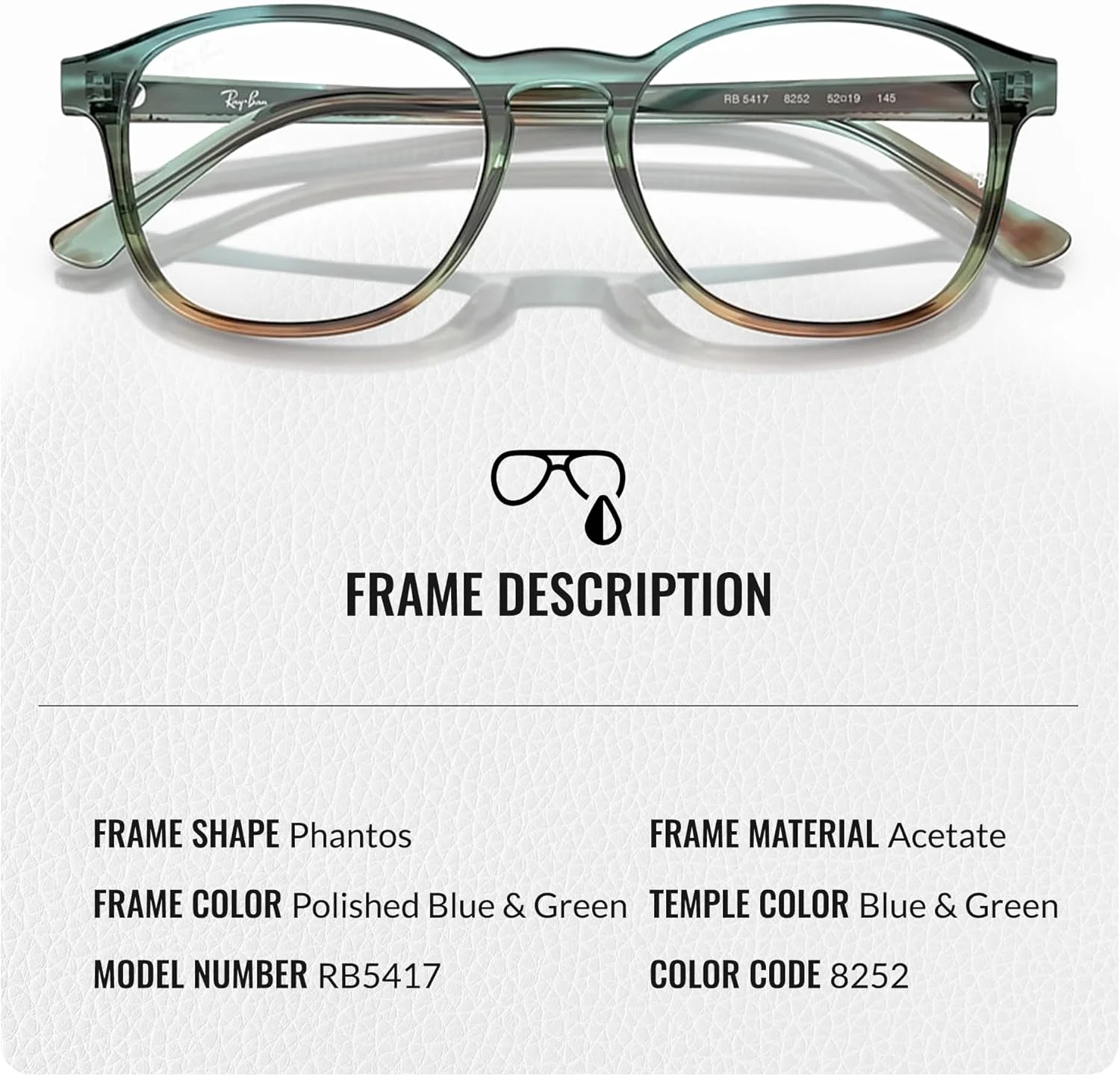 عینک طبی زنانه ری بن مدل RB5417 با فریم فانتوس به همراه کیت مراقبت عینک - عینک طبی با فیت پل بینی بلند - فریم عینک زنانه دیزاینر با لنزهای شفاف، فریم راه راه آبی و سبز | لنز شفاف