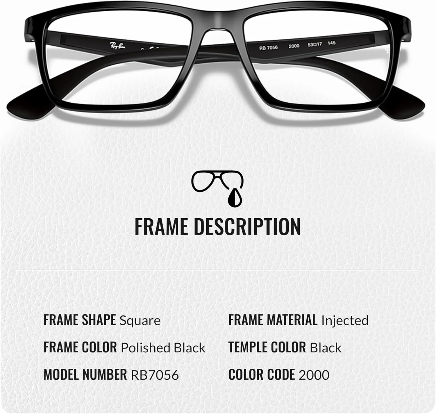 عینک طبی مربعی شکل ری بن مدل RB7056 به همراه کیت مراقبت عینک - عینک با فیت پل بینی بلند - فریم عینک زنانه طراح دار با لنزهای شفاف، فریم مشکی | لنز شفاف