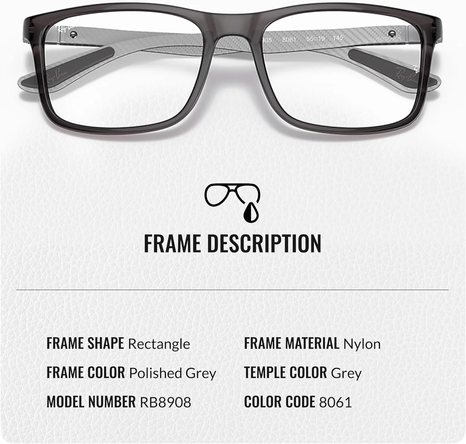 عینک طبی مربعی شکل ری بن مدل RB8908 به همراه کیت مراقبت عینک - عینک طبی با فیت پل بینی بلند - فریم عینک زنانه طراحی شده با لنزهای شفاف، فریم خاکستری شفاف | لنز شفاف