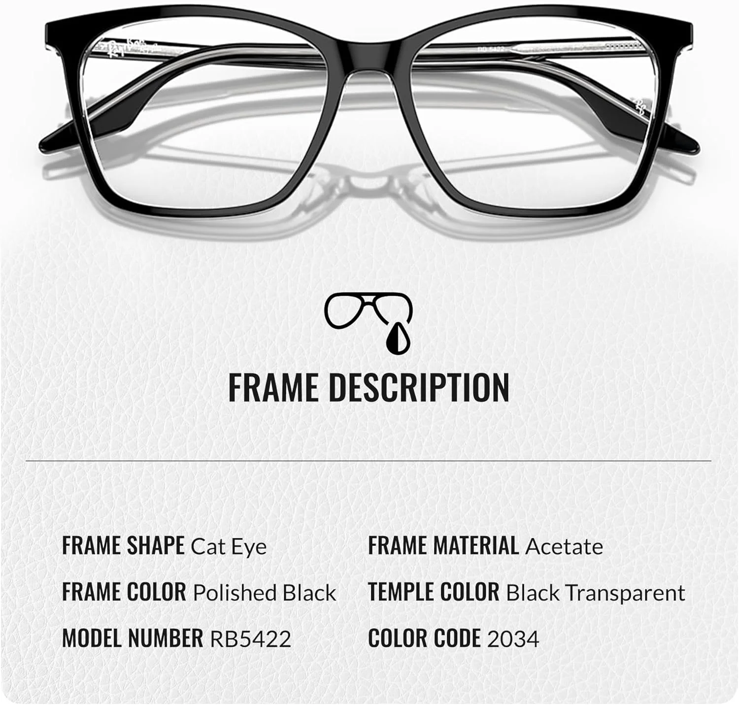 عینک طبی زنانه ری بن مدل RB5422 با فریم گربه ای به همراه کیت مراقبت عینک - عینک طبی با فیت پل بینی بلند - فریم عینک زنانه طراحی شده با عدسی شفاف، مشکی روی فریم شفاف | عدسی شفاف