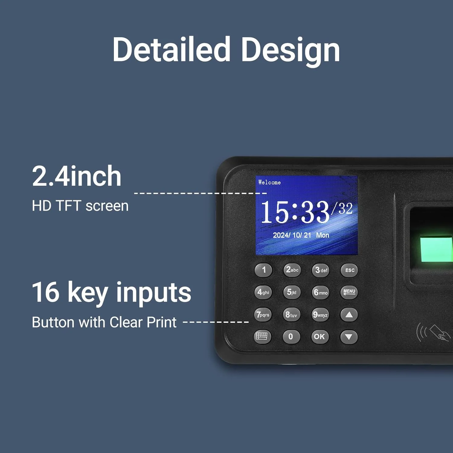 دستگاه حضور و غیاب بیومتریک برای کنترل تردد کارکنان با قابلیت ذخیره سازی 1000 اثر انگشت، رمز عبور و کارت شناسایی، تشخیص سریع، صفحه نمایش رنگی 2.4 اینچی TFT، پورت USB و دستگاه مدیریت داده مناسب برای Sch