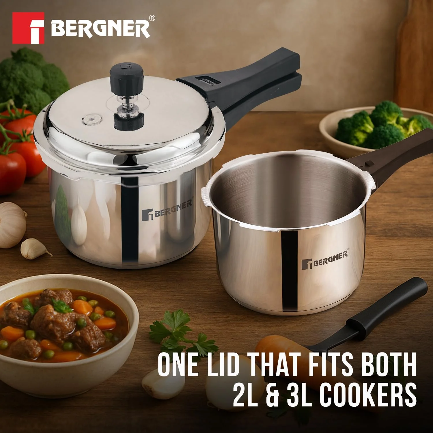 ست زودپز استیل برگنر مدل سورنتو با درب بیرونی - زودپز 2 لیتری و 3 لیتری، کفه سه لایه، کف ضخیم، باز و بسته شدن آسان، پخت و پز سالم - مناسب برای اجاق گاز القایی و معمولی