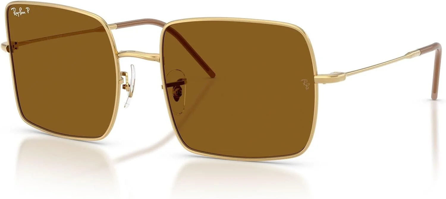 عینک آفتابی زنانه ری بن مدل RBR0104S Square 1971 Reverse، طلایی/قهوه ای تیره پلاریزه، 56 میلی متر