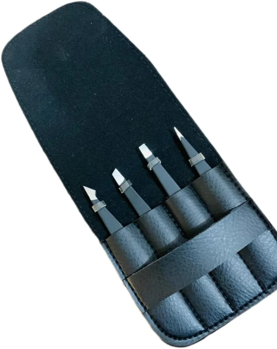 مجموعه 4 عددی موچین ابرو و مژه استیل ضد زنگ حرفه ای LOZZBY به همراه کیف چرمی