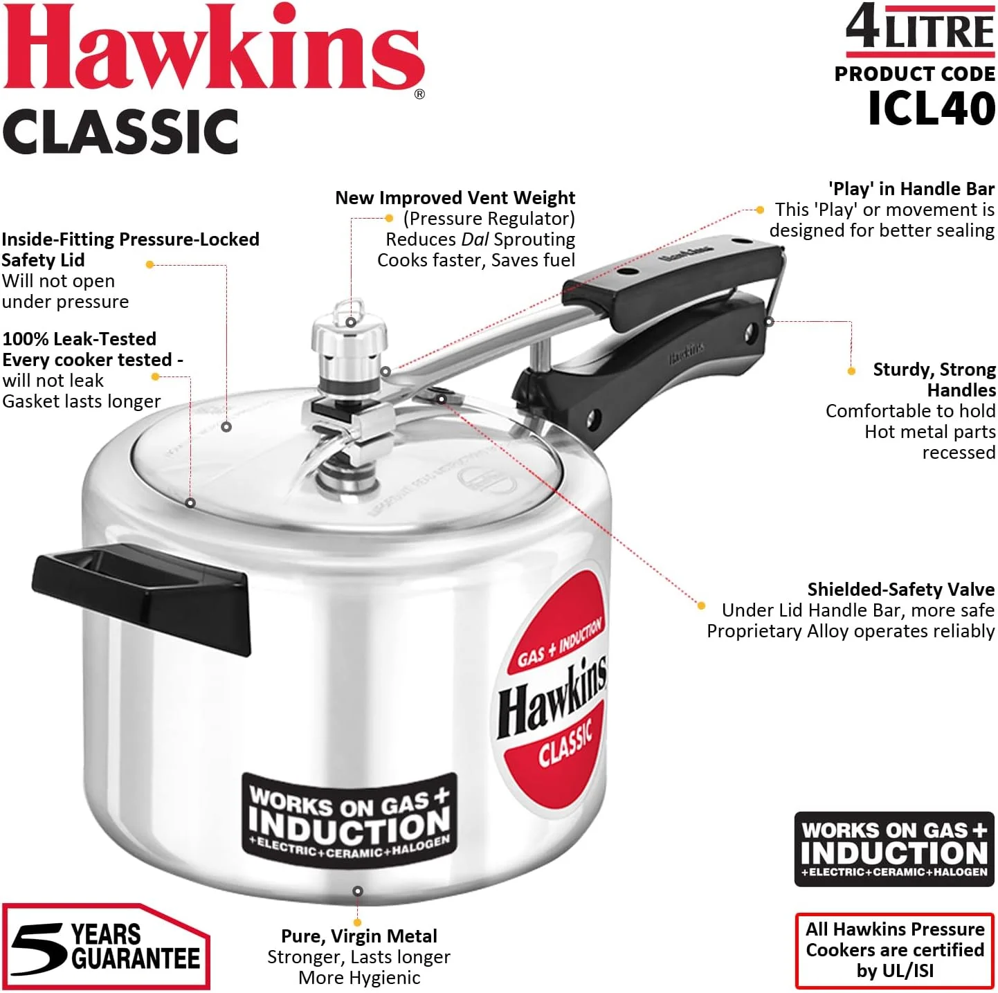 زودپز آلومینیومی کلاسیک 4 لیتری هاوکینز، پایه القایی، نقره ای (ICL40)