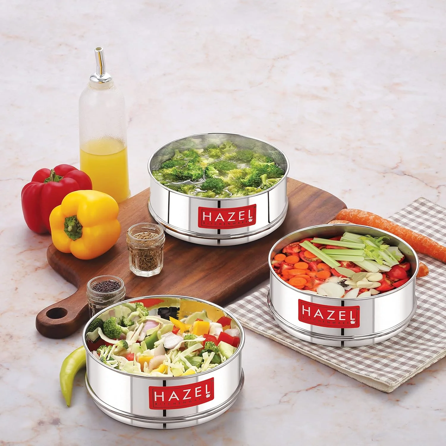 ظروف پخت و پز هیزل آلفا | ست ظروف پخت و پز 750 میلی لیتری | ست 3 عددی با روکش براق به همراه ست ظروف استیل | دبه های پلوپز، جداکننده های پلوپز قابل انباشته شدن، نقره ای، 8 لیتری ظروف پخت و پز هیزل آلفا | ست ظروف پخت و پز 750 میلی لیتری | ست 3 عددی با روکش براق به همراه ست ظروف استیل | دبه های پلوپز، جداکننده های پلوپز قابل انباشته شدن، نقره ای، 8 لیتری