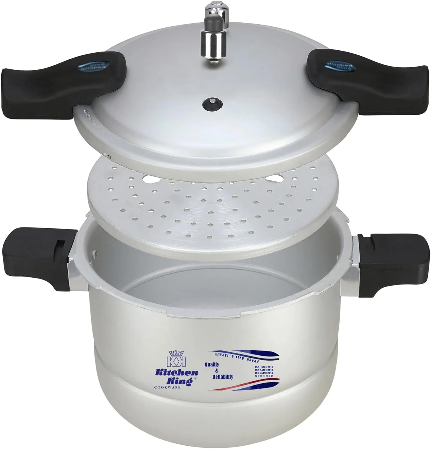زودپز و بخارپز Kitchen King Blaze (2 در 1)، آلومینیوم سنگین، دریچه ایمنی GRS، دستگیره های ارگونومیک مقاوم در برابر حرارت، سازگار با اجاق گاز و برقی (9 لیتر)