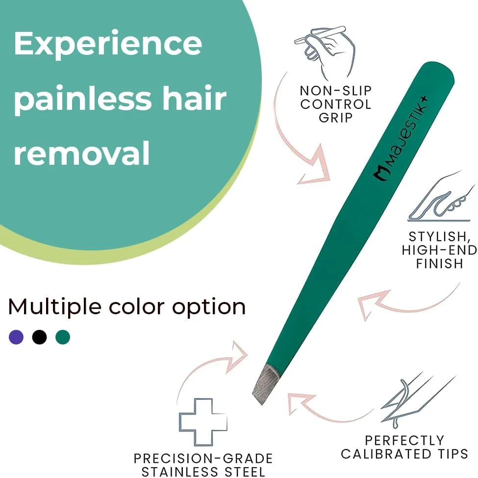 موچین نوک مورب Majestik+ - موچین حرفه ای استیل ضد زنگ با نوک مورب - بهترین موچین دقیق ابرو برای روتین زیبایی روزانه شما! در رنگ نعنایی