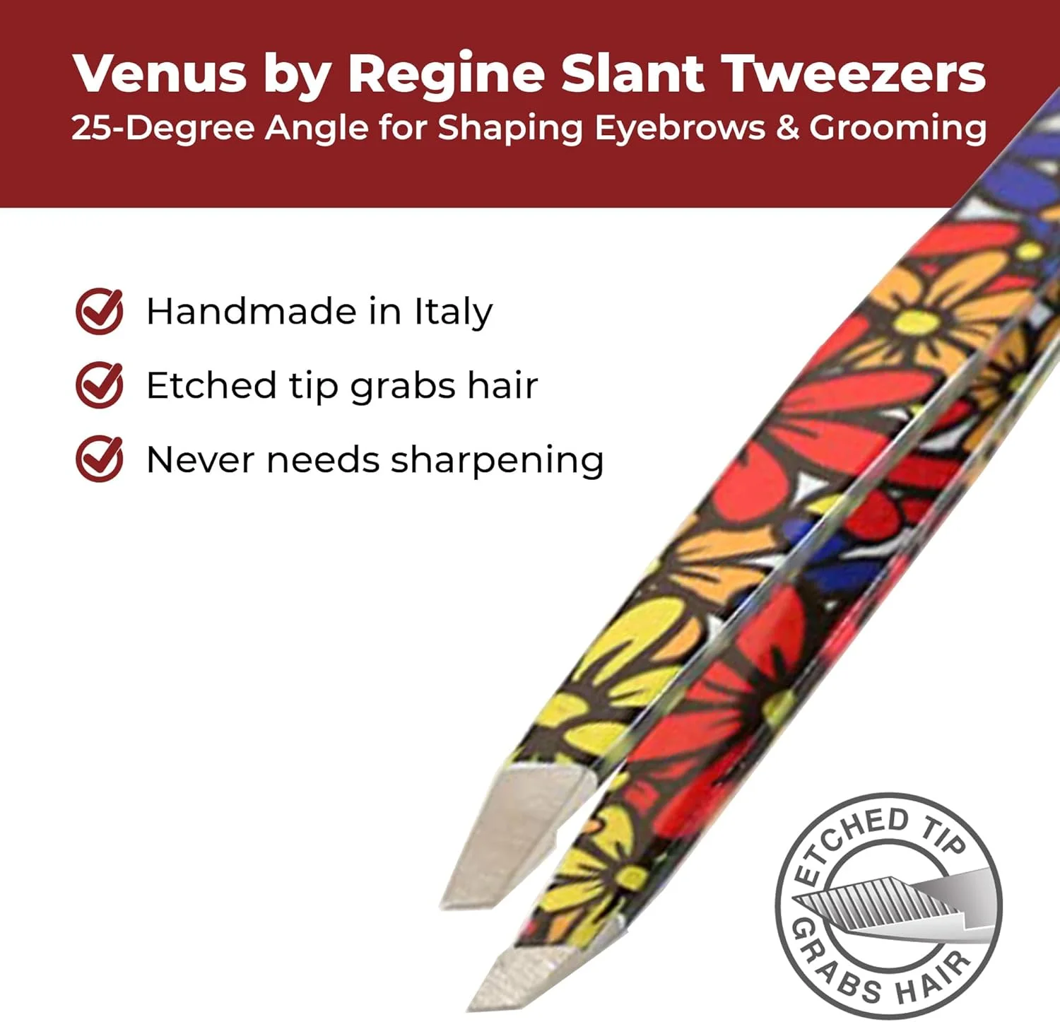 موچین اریب Venus by Regine، موچین دست ساز زنانه، موچین دقیق مردانه، موچین ابرو زنانه، زاویه 25 درجه برای حالت دادن به ابروها و مرتب کردن خطوط صورت (گل های بزرگ)