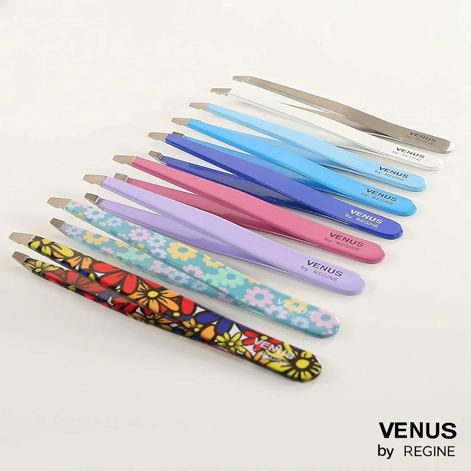 موچین اریب Venus by Regine، موچین دست ساز زنانه، موچین دقیق مردانه، موچین ابرو زنانه، زاویه 25 درجه برای حالت دادن به ابروها و مرتب کردن خطوط صورت (گل های بزرگ)