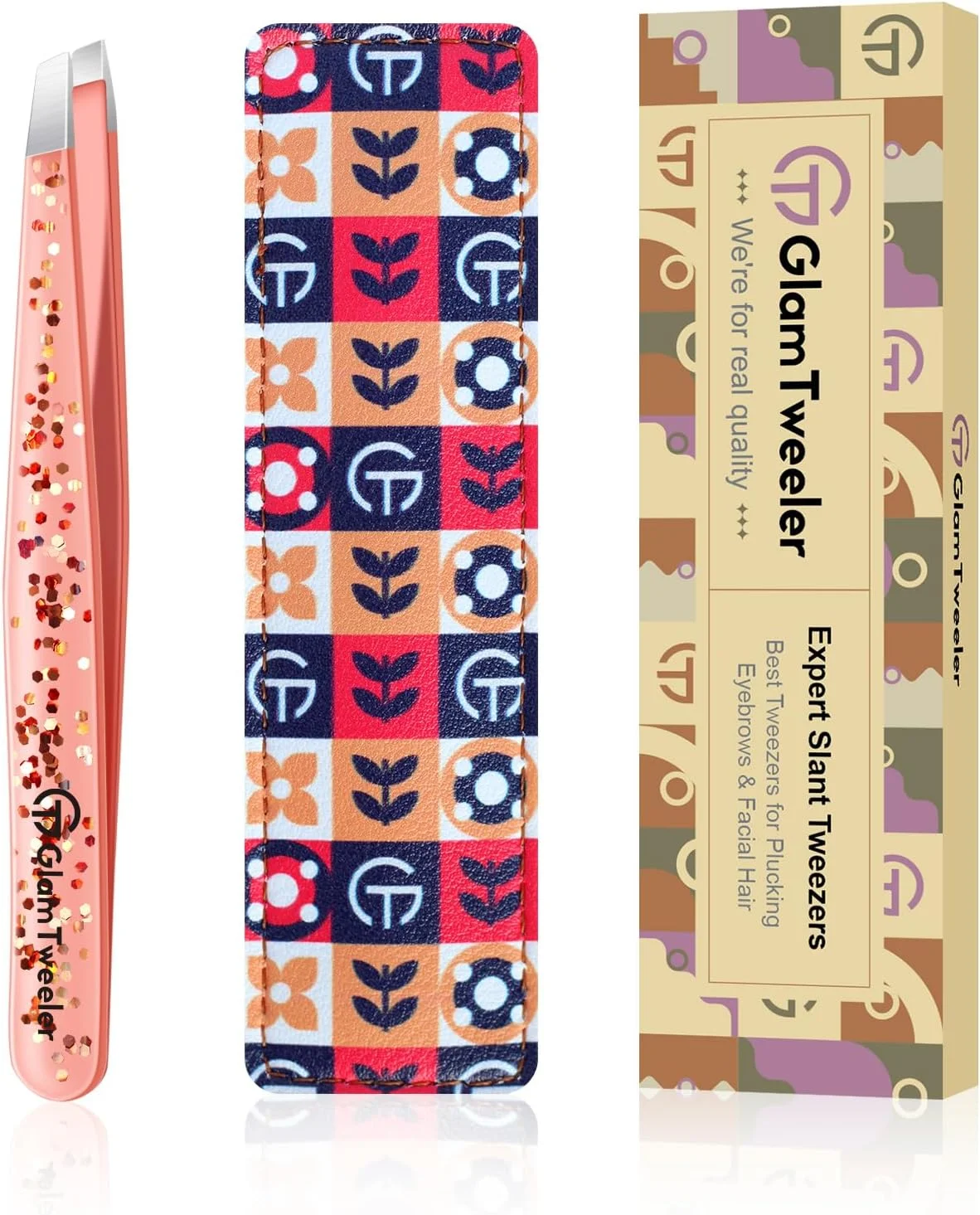 موچین نوک اریب حرفه ای با کیف چرمی، موچین استیل ضد زنگ تیز و دقیق GlamTweeler برای ابرو، موهای صورت و از بین بردن موهای ظریف (رزگلد اکلیلی) موچین نوک اریب حرفه ای با کیف چرمی، موچین استیل ضد زنگ تیز و دقیق GlamTweeler برای ابرو، موهای صورت و از بین بردن موهای ظریف (رزگلد اکلیلی)