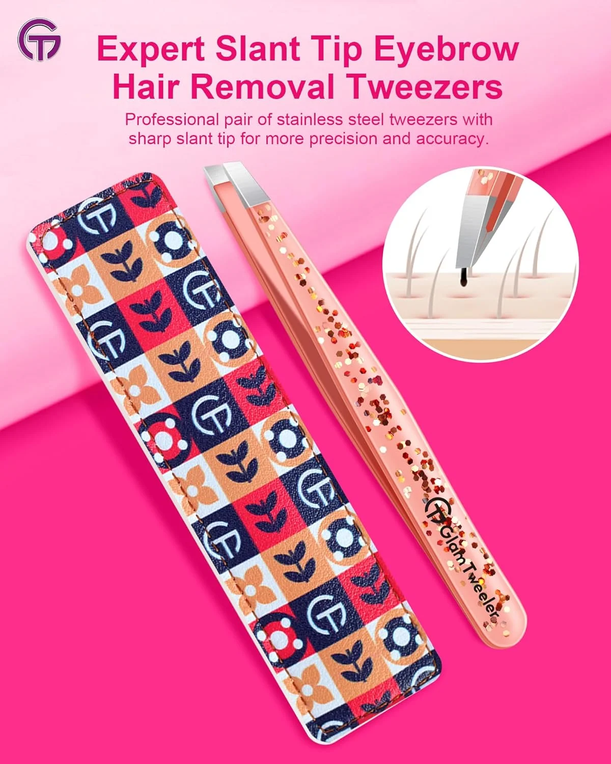 موچین نوک اریب حرفه ای با کیف چرمی، موچین استیل ضد زنگ تیز و دقیق GlamTweeler برای ابرو، موهای صورت و از بین بردن موهای ظریف (رزگلد اکلیلی) موچین نوک اریب حرفه ای با کیف چرمی، موچین استیل ضد زنگ تیز و دقیق GlamTweeler برای ابرو، موهای صورت و از بین بردن موهای ظریف (رزگلد اکلیلی)