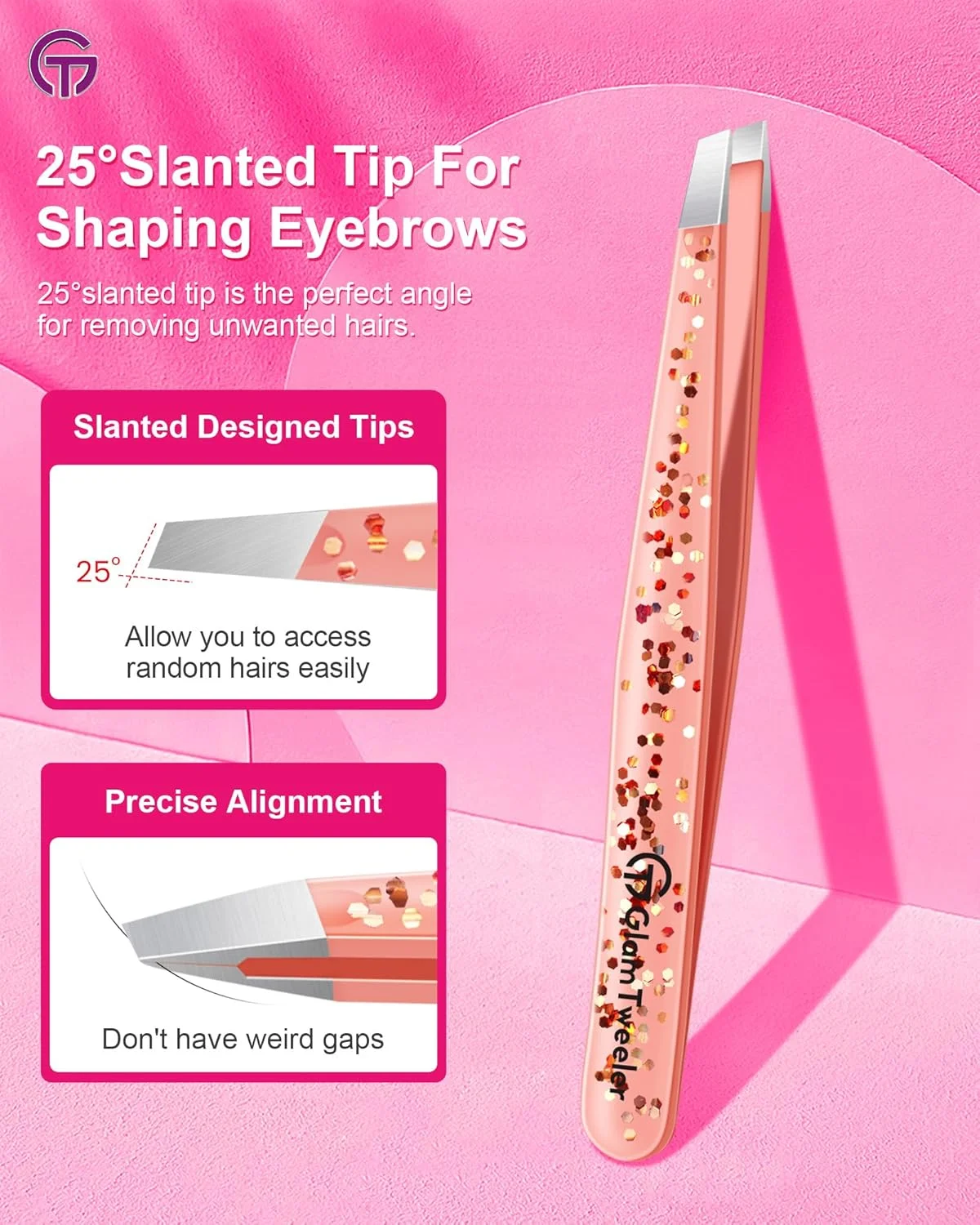 موچین نوک اریب حرفه ای با کیف چرمی، موچین استیل ضد زنگ تیز و دقیق GlamTweeler برای ابرو، موهای صورت و از بین بردن موهای ظریف (رزگلد اکلیلی) موچین نوک اریب حرفه ای با کیف چرمی، موچین استیل ضد زنگ تیز و دقیق GlamTweeler برای ابرو، موهای صورت و از بین بردن موهای ظریف (رزگلد اکلیلی)