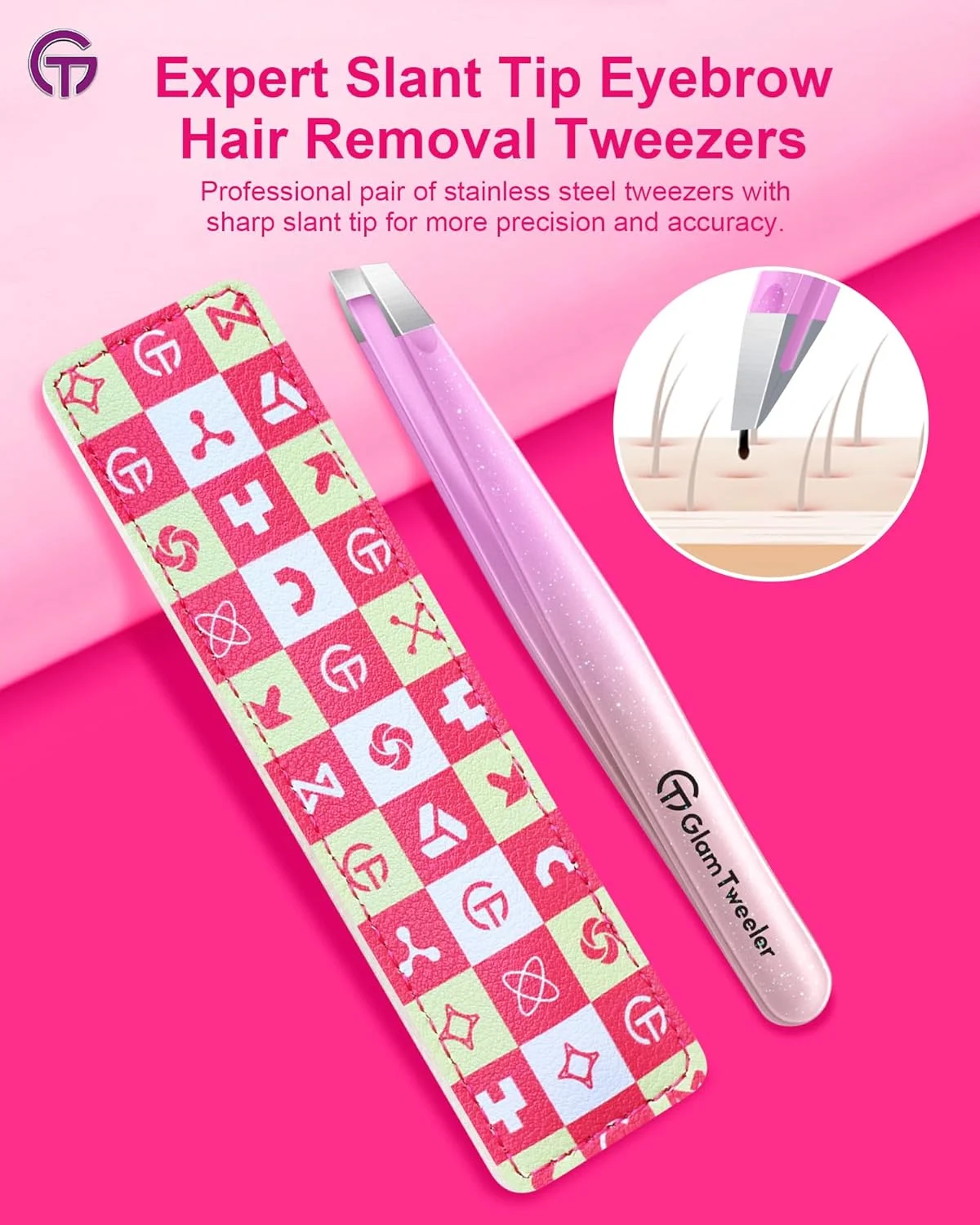 موچین نوک کج حرفه ای با کیف چرمی مسافرتی، موچین استیل ضد زنگ تیز و دقیق GlamTweeler برای ابرو، موهای صورت و از بین بردن موهای ظریف (بنفش اکلیلی و هلویی)