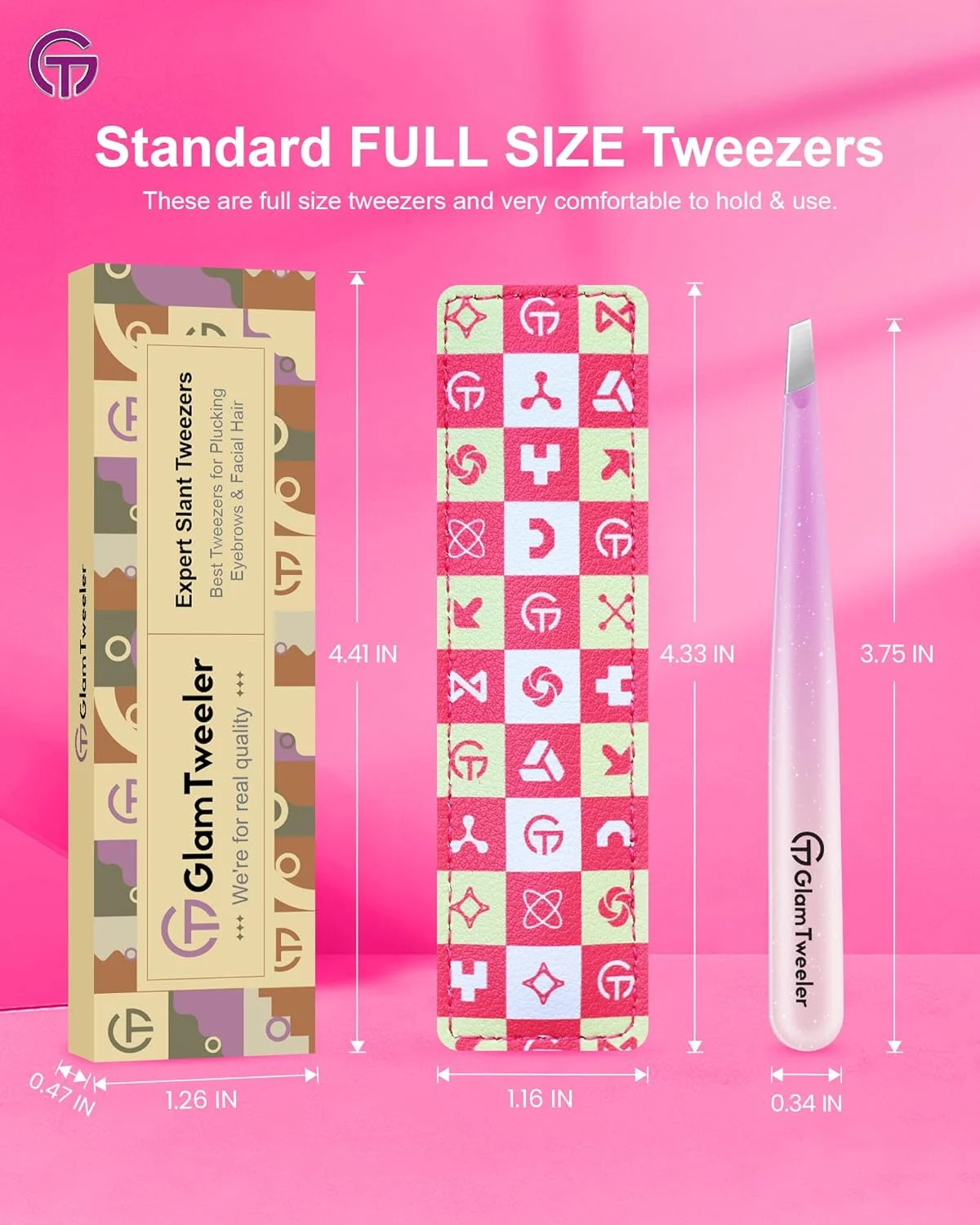 موچین نوک کج حرفه ای با کیف چرمی مسافرتی، موچین استیل ضد زنگ تیز و دقیق GlamTweeler برای ابرو، موهای صورت و از بین بردن موهای ظریف (بنفش اکلیلی و هلویی)