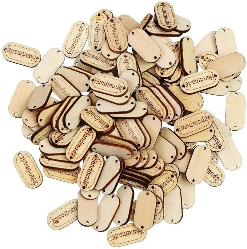 150 Pieces Natural Wood Color Handmade Tag Label Wooden Shaped Embellishments Ornaments, Craft Decorations With 2 Holes Button Sew Accessories Scrapbooking Clothing Leather